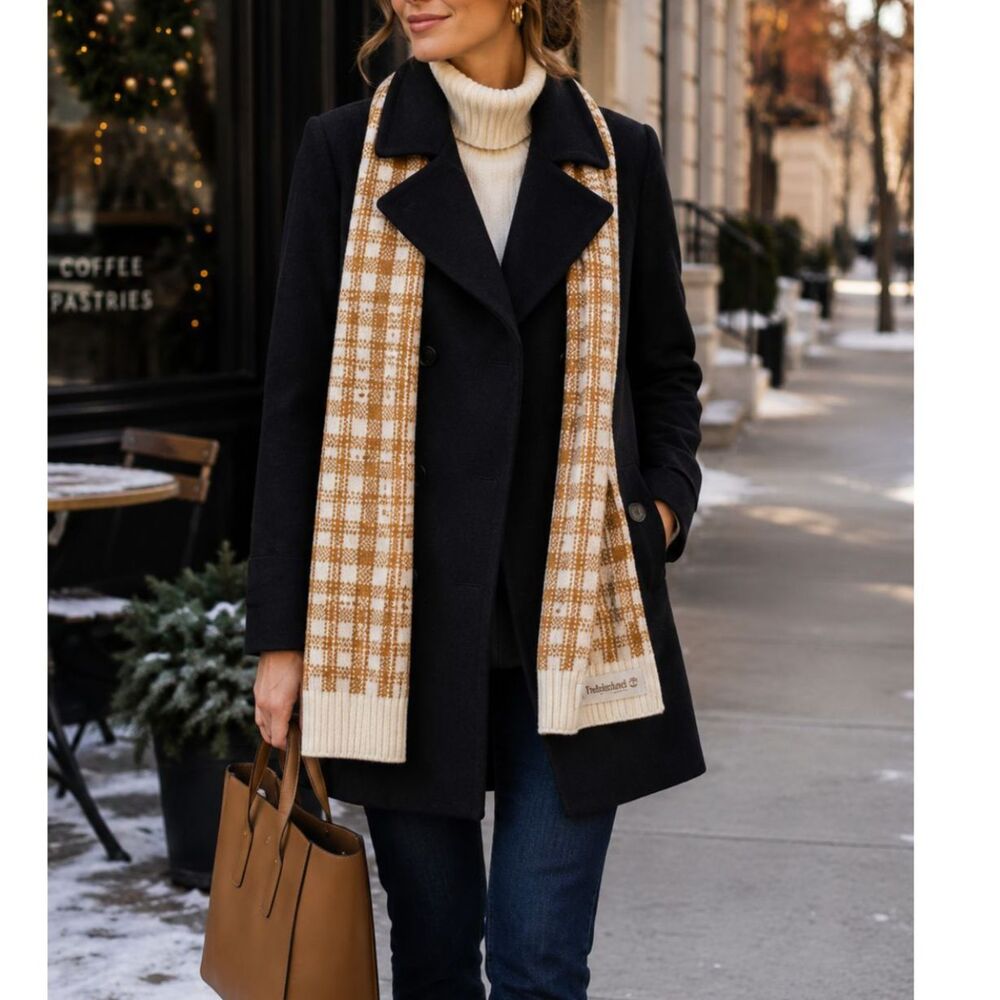 Anne Klein 100% Wool Peacoat Petite Small Black + Timberland Scarf Corpcore